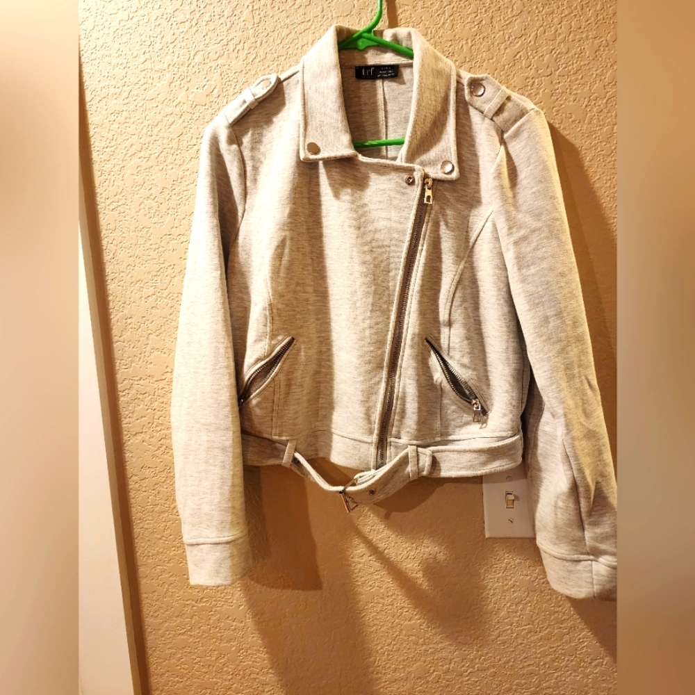 💕Zara Plush Jersey Biker Moto Jacket Women Light Heather Grey Cotton Size L